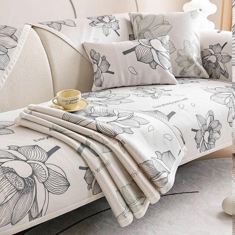 Summer Printed Ice Silk Sofa Cover Anti-slip Skin Friendly Living Room Sofa Cooler Cushion Sofa Cover Fabric Seat Cushion Cover