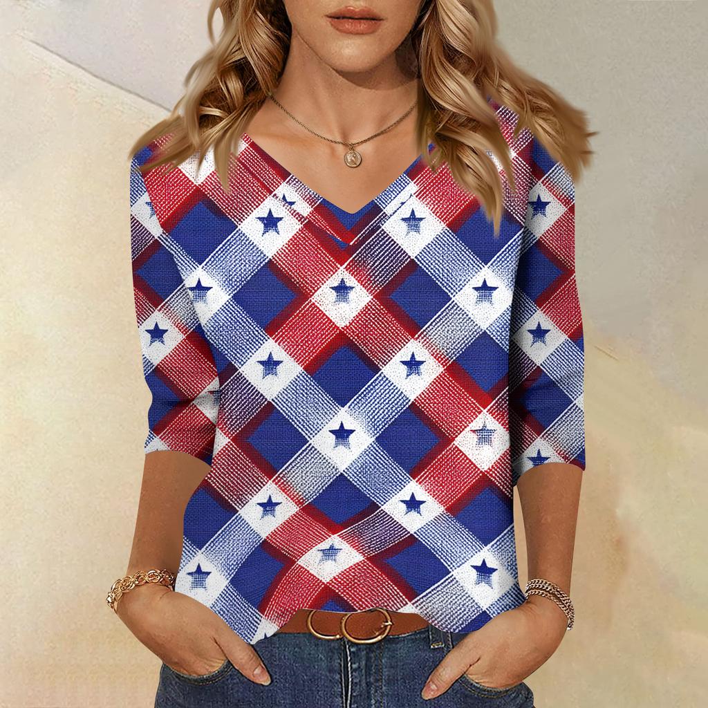 Women's Fashionable Casual Independence Day American Flag and Stars Print V-Neck Three-Quarter Sleeve T-Shirt Top