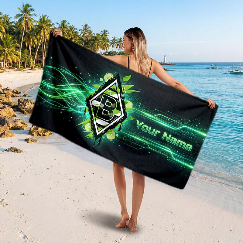 Borussia Mönchengladbach Benutzerdefiniertes Strandtuch, Personalisierter Name Textdruck, Fußballlogo Weiches Schnelltrocknendes Handtuch Urlaubsgeschenk
