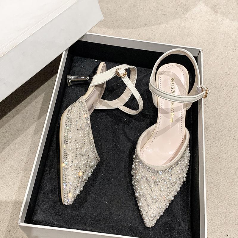 Fashion Women's Mesh Floral Embroidered Slingback High Heels Female Open Heel Pearl Studded Pointed Toe Sandals Sexy Stiletto Lady Mules
