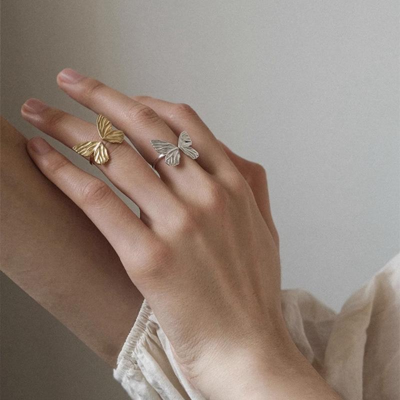 925 Silver Gold Plated Butterfly Rings for Women Fashion Geometric Vintage Handmade Irregular Ring Party Birthday Gifts