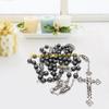 F26C Vintage Religion Rosary Necklace Hematite Stone Round Beads Chain with Jesus for Cross Pendant Necklace Charms Prayer Gift