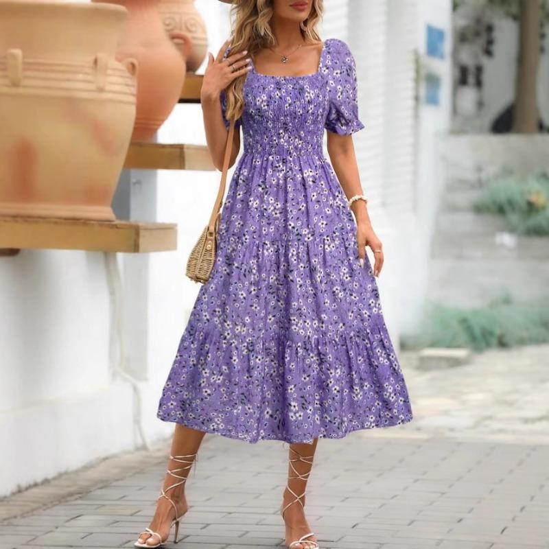 Vestito da Donna a Strati con Scollo Quadrato in Vita e Maniche a Bolla con Stampa Stile Dolce