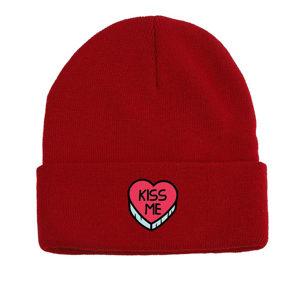 KISS ME" Heart Print Knit Cap Beanie, Valentine's Day Man Cap Soft Stretchy Unisex Bonnet Knitted Hat Beanie