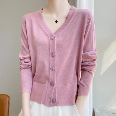 Sweater Long-sleeved Short Coat Sweater Versatile Bright Silk Spring and Autumn Style V-neck Top Thin Loose Knitted Cardigan for Women