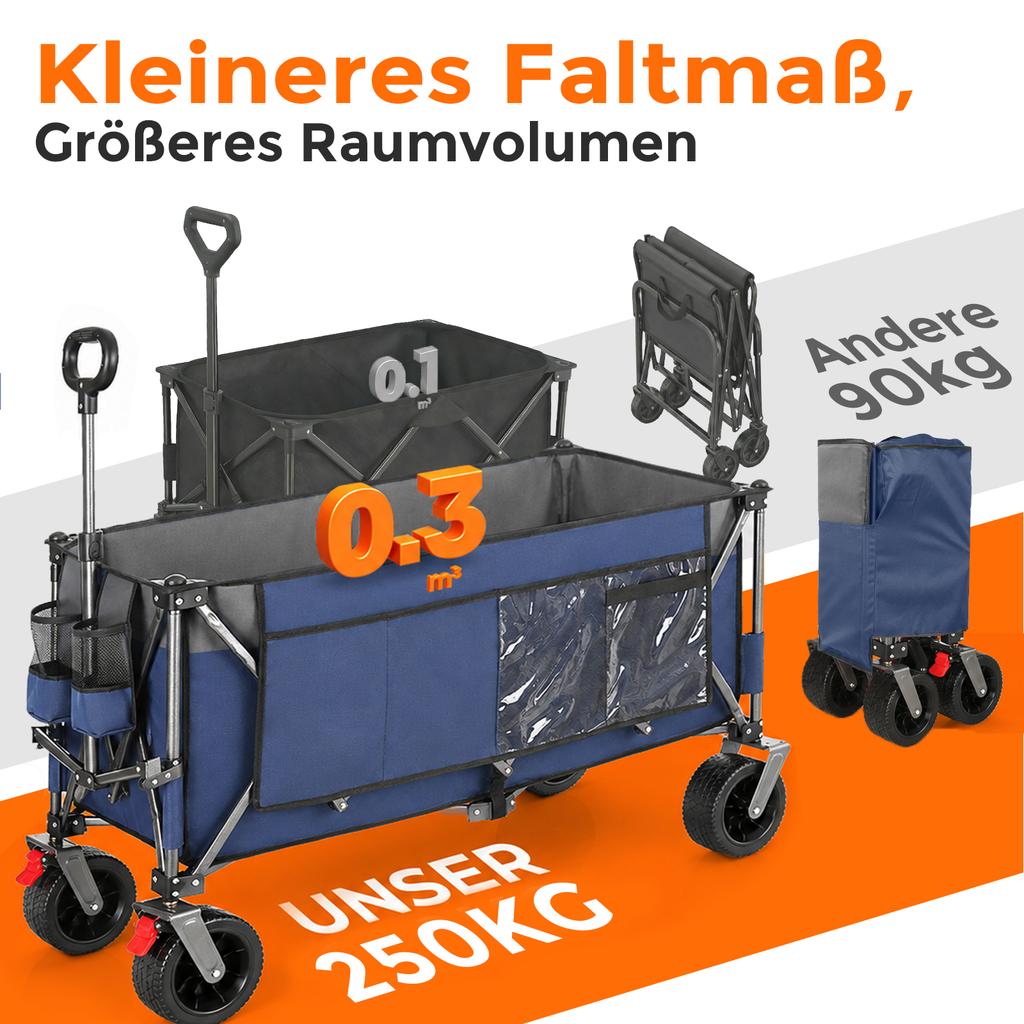XXXL 300L 250KG Nosnost, 130cm Rozkládací vozík s Extra Širokými 17x10 cm Terénními Kolečky, Patentovaný 4-Way Okamžitý Skládací Transportní Vozík, Modrý