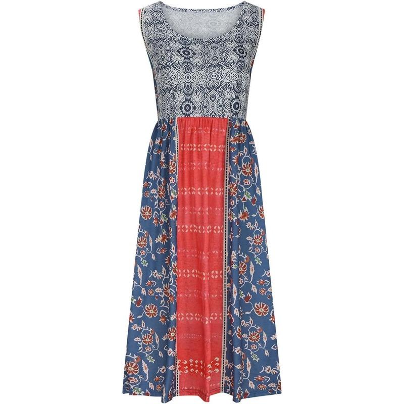 Sleeveless Summer Loose Printed Dress New Women's Bohemian Floral Casual A-line Dresses Large Size Beach Sundress with Pockets Flowing and Loose