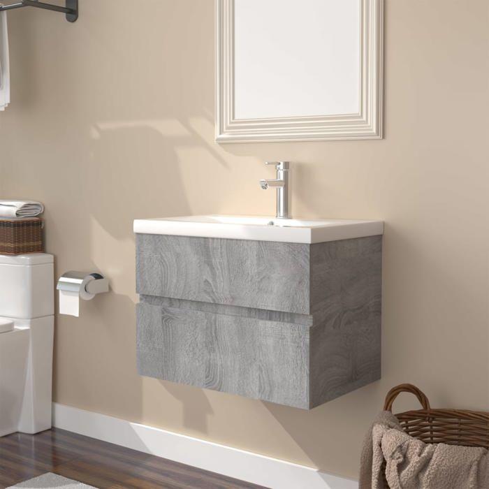 VidaXL Vanity Unit with Integrated Basin Under-Sink Cabinet Bathroom Storage Unit Home Sonoma Grey Wood 3152868