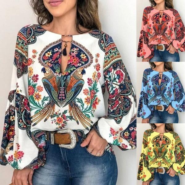 Spring and Autumn Women's Digital Print Round Neck Lantern Sleeve Shirt