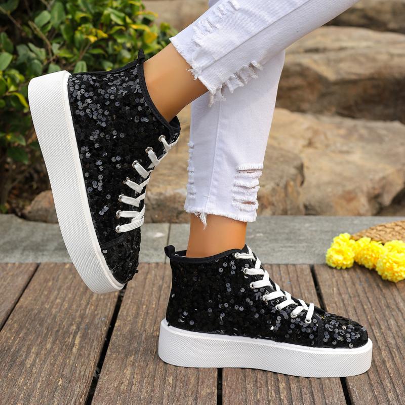 Luxury Sequined Thick Bottom Skate Shoes Women 2025 Autumn Round Toe Lace Up Casual Shoes Comfort Soft Sole Non Slip Sneakers