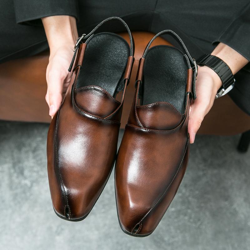 New Vintage Pointed Peep Toe Casual Leather Hollow Breathable Shoes For Men Designer Sandals Wedding Dress Formal Flats Footwear