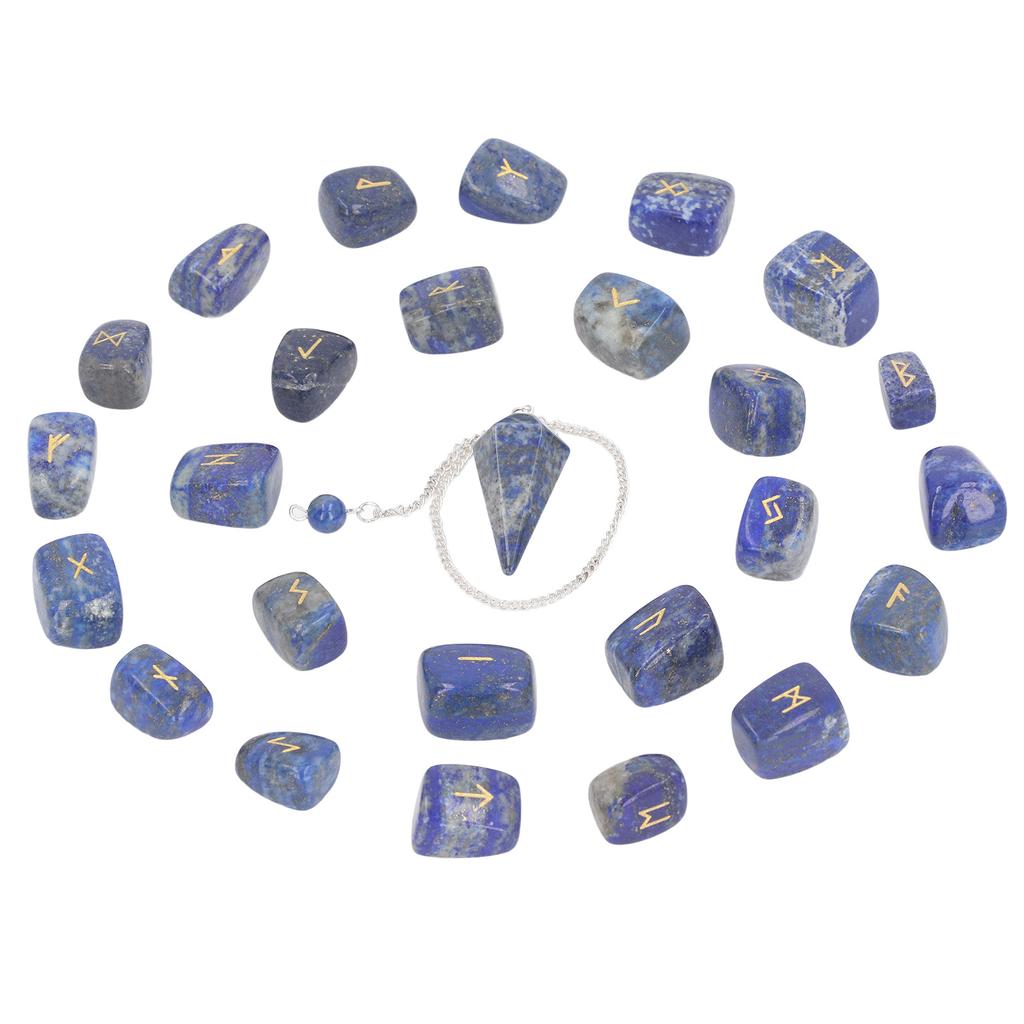 25Pcs Rune Stones Healing Balanced Chakras Peaceful Mind Lettering Crystal with Bag Pendulum for Divination Meditation