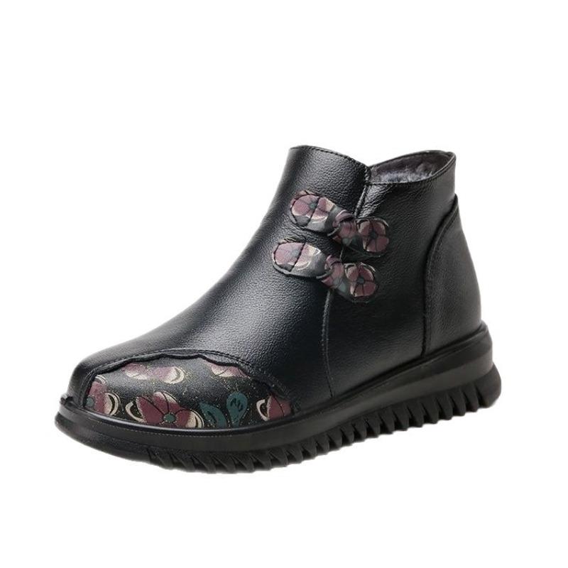 Lederstiefel mit Fleece, Verdickte warme Baumwollschuhe, Rutschfeste flache Stiefeletten