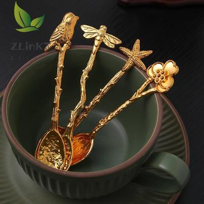 Colher de Café Retro de Metal Libélula Galhos Folhas Forma Sorvete Bolo Sobremesa Colher para Misturar Leite Utensílios de Cozinha Talheres