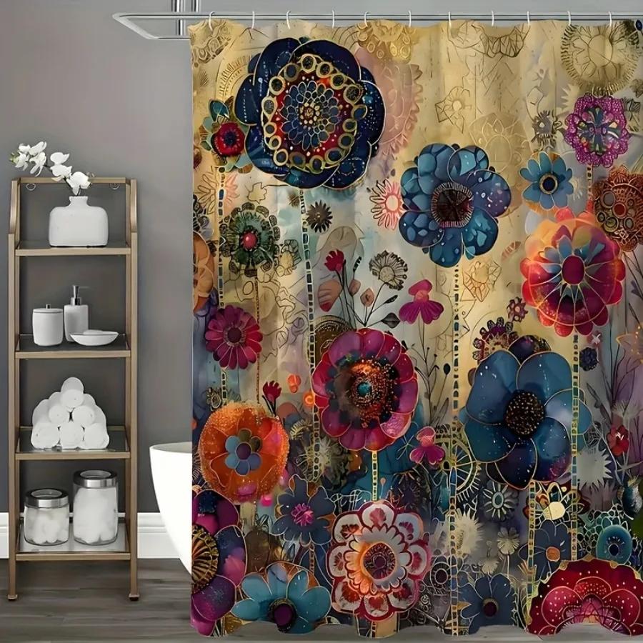 

Винтажная шторка для душа с мандалой, зелеными растениями и цветами - Водонепроницаемый полиэстер, 12 крючков, Машинная стирка, Художественный цветочный дизайн W90xH180cm