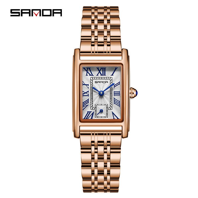 Stylish Sanda Square Steel & Leather Quartz Watch with Roman Numerals, Waterproof Design for Women