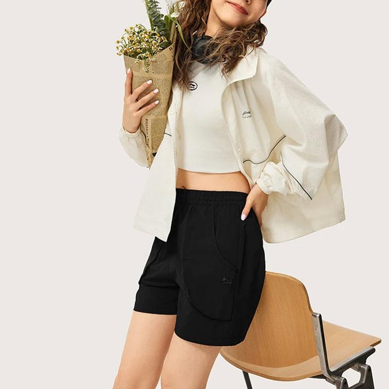 Li Ning Sports Trend Series Solid Color Ice Feel Loose Casual Shorts Women Shorts Black AKSU322-2