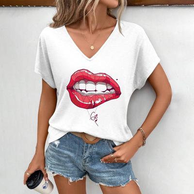 Tägliches Damen-T-Shirt Mode Leicht Elegant Freizeit-T-Shirt Sexy Lippen Musterdruck Damen V-Ausschnitt Kurzarm-T-Shirt