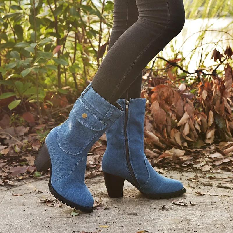 Fashion Jeans Mid-calf Boots Women's Ankle Boot Autumn winter warm Rome Solid Slip-On Chunky Heels Vintage Ladies Shoes Botas de mujer