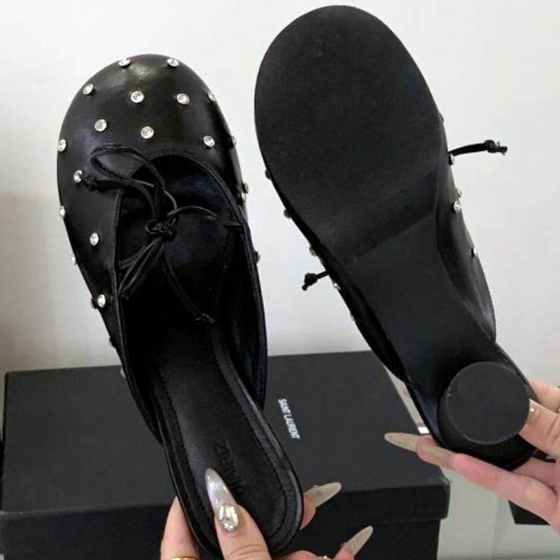 Luxury Rhinestone Bow High Heel Shoes for Woman Round Toe Thin Heel Designer Slide Sandals Fashion Shallow Comfort Women Sandals