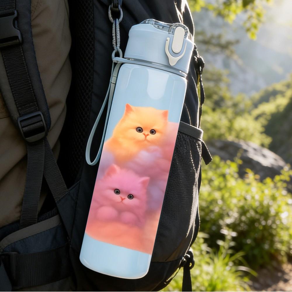 1PC Stacked Cute Pink Cats 750ml Color Plastic Sports Water Bottle Leakproof Flip Straw Lid Suitable for Sports Office Home Use