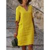 European-American Autumn Patchwork Cotton Linen V-Neck Dress, Women's Retro Solid Color, 3/4 Sleeve.