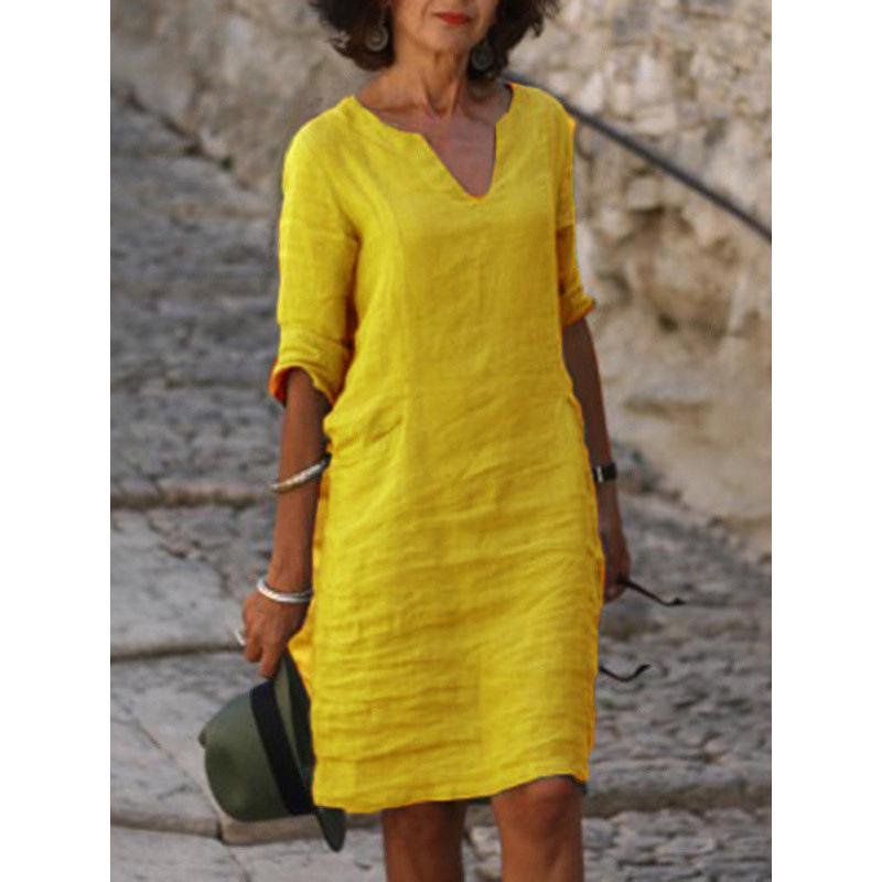 European-American Autumn Patchwork Cotton Linen V-Neck Dress, Women's Retro Solid Color, 3/4 Sleeve.