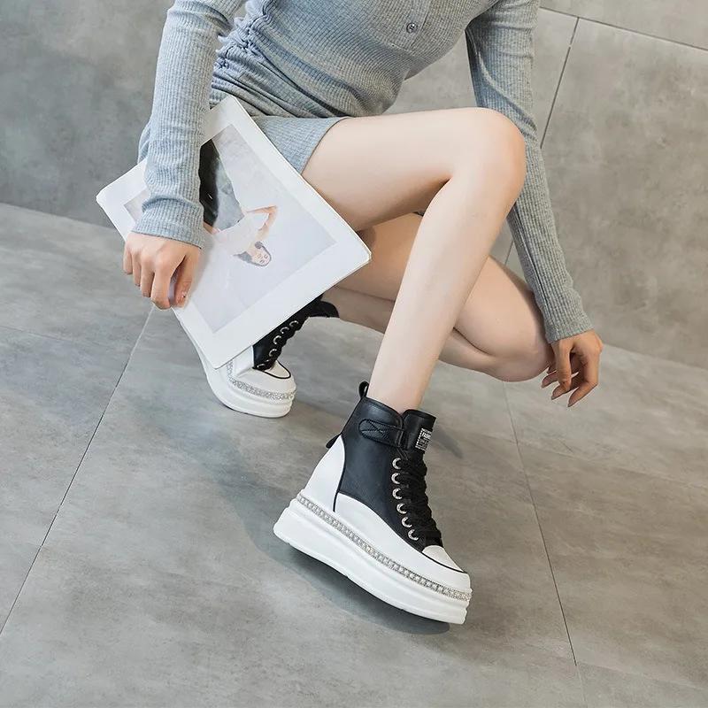 Fashion 8CM High Top Women Genuine Leather Platform Boots Wedge Hidden Heel Hook Spring Autumn Bling Women Shoes Sneakers Ankle Boots