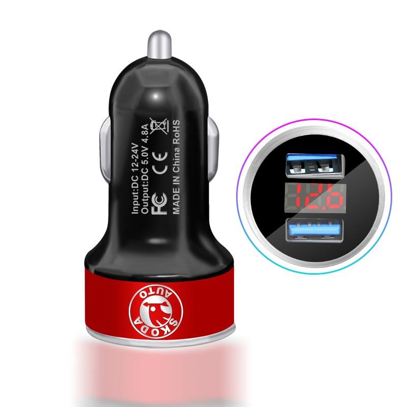 Car Charger 2 USB Ports Fast Charging Digital Display Car Accessories For Skoda Octavia Superb Rapid Kodiaq Karoq Fabia Kamiq Roomster Citigo