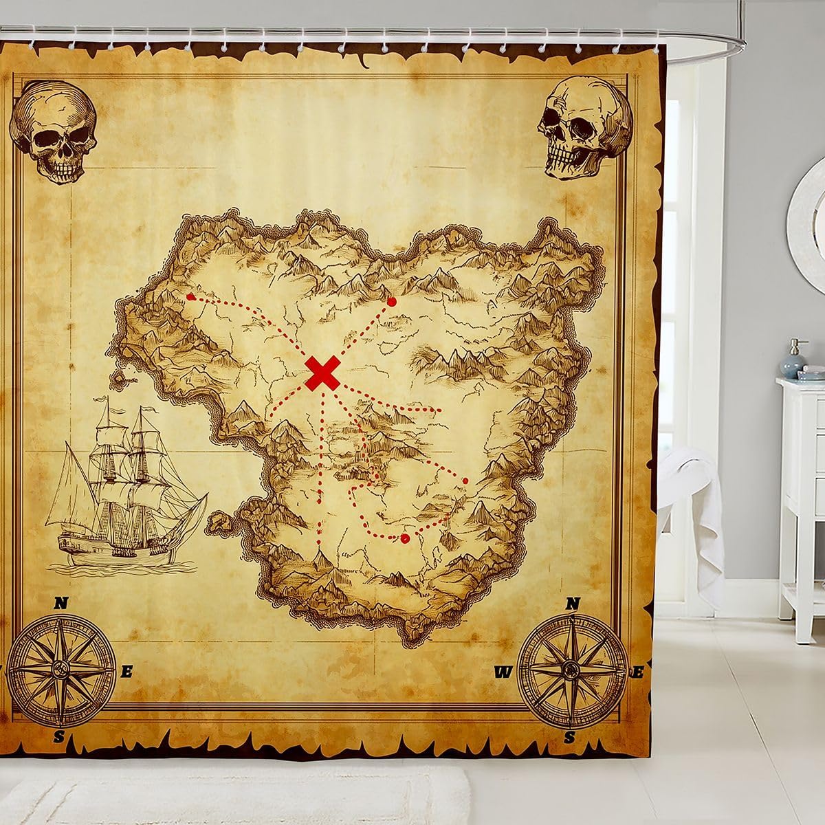 

Nautical Island Map Shower Curtain Kids Vintage Old Pirate Ship Ocean Ancient Skull Bathroom Decor With Hooks W60H190(CM)-1 Pcs
