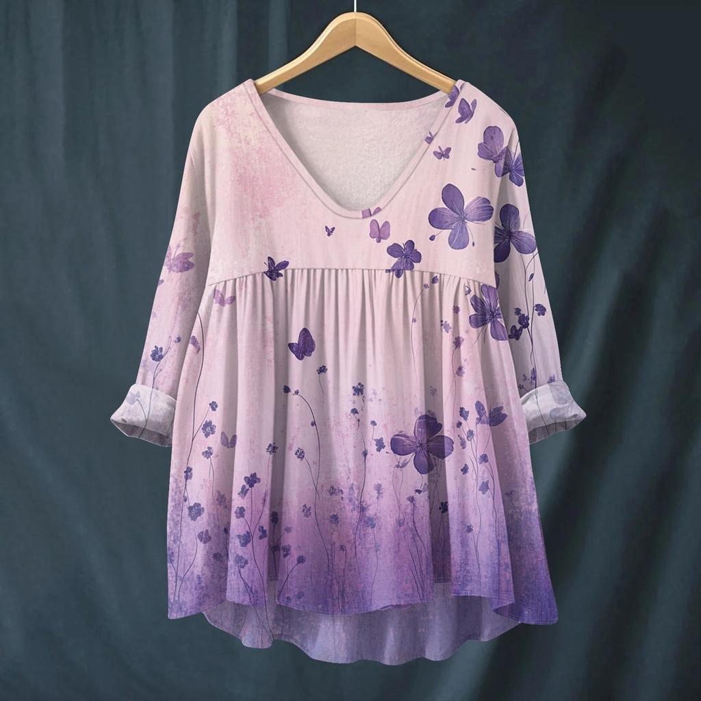 Damen Modisches Und Lässiges Hemd Langärmlig V-Ausschnitt Druck Baumwolle Und Leinen Bluse