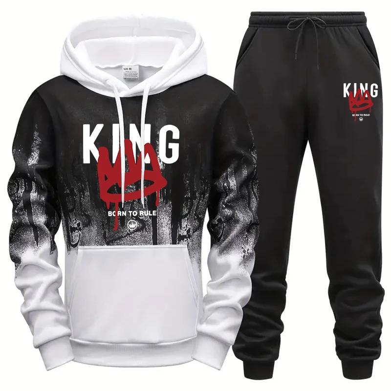 King Printing Mens Tracksuit Casual Sweatshirt Sweatpants 2 Pcs Set Sports Jogging Mens Clothing Splash-ink Hoodies Suit Street