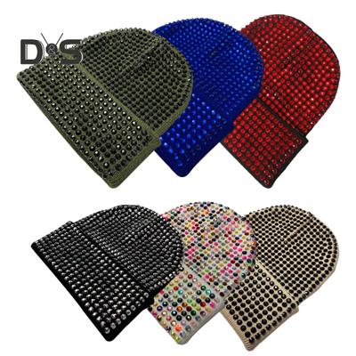 Unisex Winter Hat Folded Brim Bonnet Solid Color Rhinestone Elastic Keep Warm Cap Adult Cold Weather Headwear for Outdoor And Daily