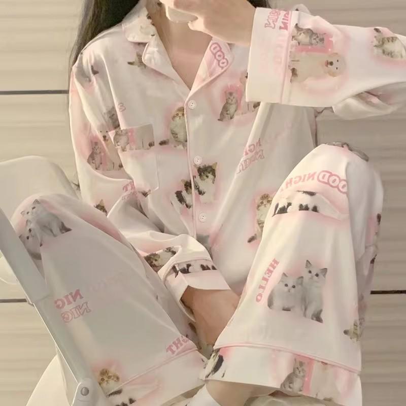 High Quality Light Luxury Ice Silk Pajamas Women's Pajama Spring and Autumn Style Long Sleeve Home Set Nightwear