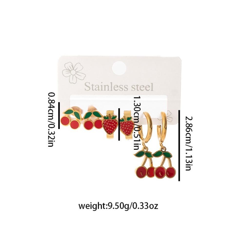 6Pcs Stainless Steel Cherry Strawberry Earrings Red Earrings Fashion Stud Earrings Women