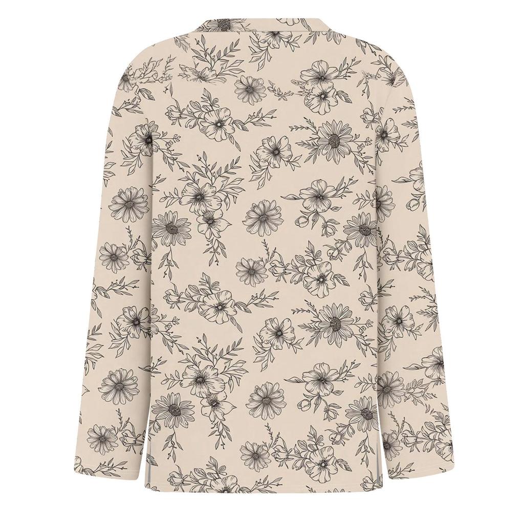 Women's Fashion Casual Slit Hem Round Neck Long Sleeve Loose Printed T-Shirt Ladies Top