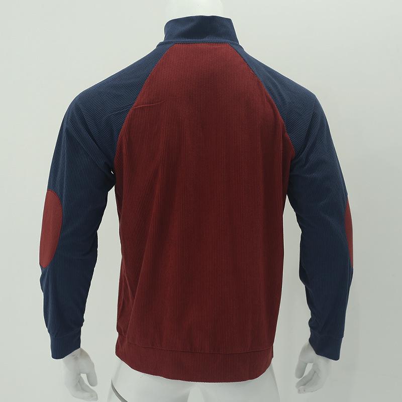 Men's Corduroy Color Block Stand Collar Hoodie - Casual Long Sleeve Top for Spring and Autumn