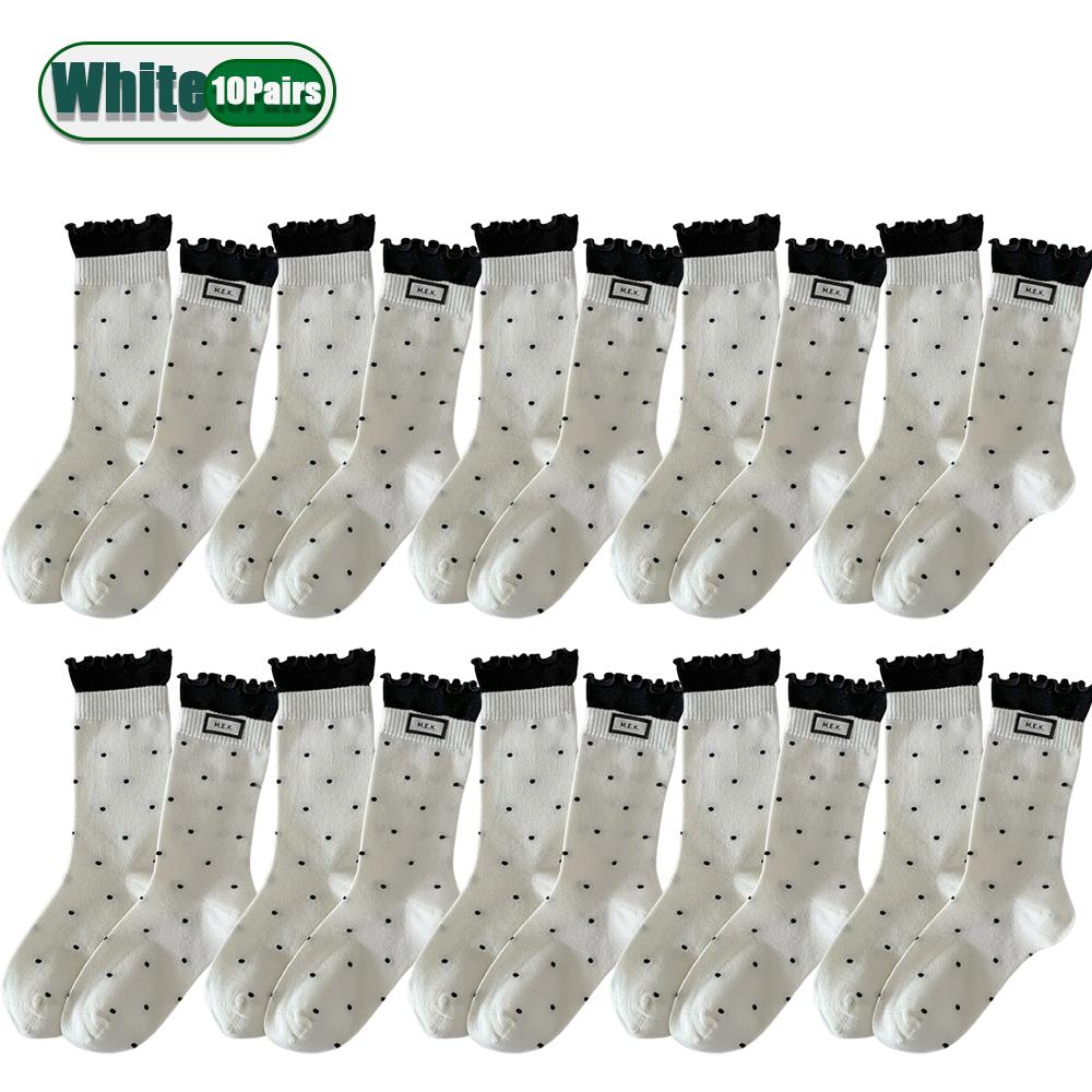 Women Cotton Long Socks Soft Breathable Cute Dots Frilly Edge Retro Preppy Style Comfortable Casual Fashion Socks For Everyday