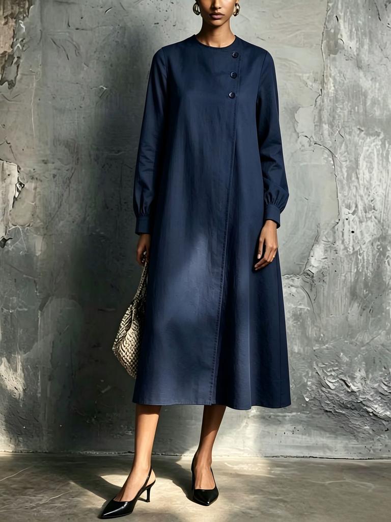 European and American autumn and winter temperament dress women, round neck button decorative zipper long sleeve loose dress