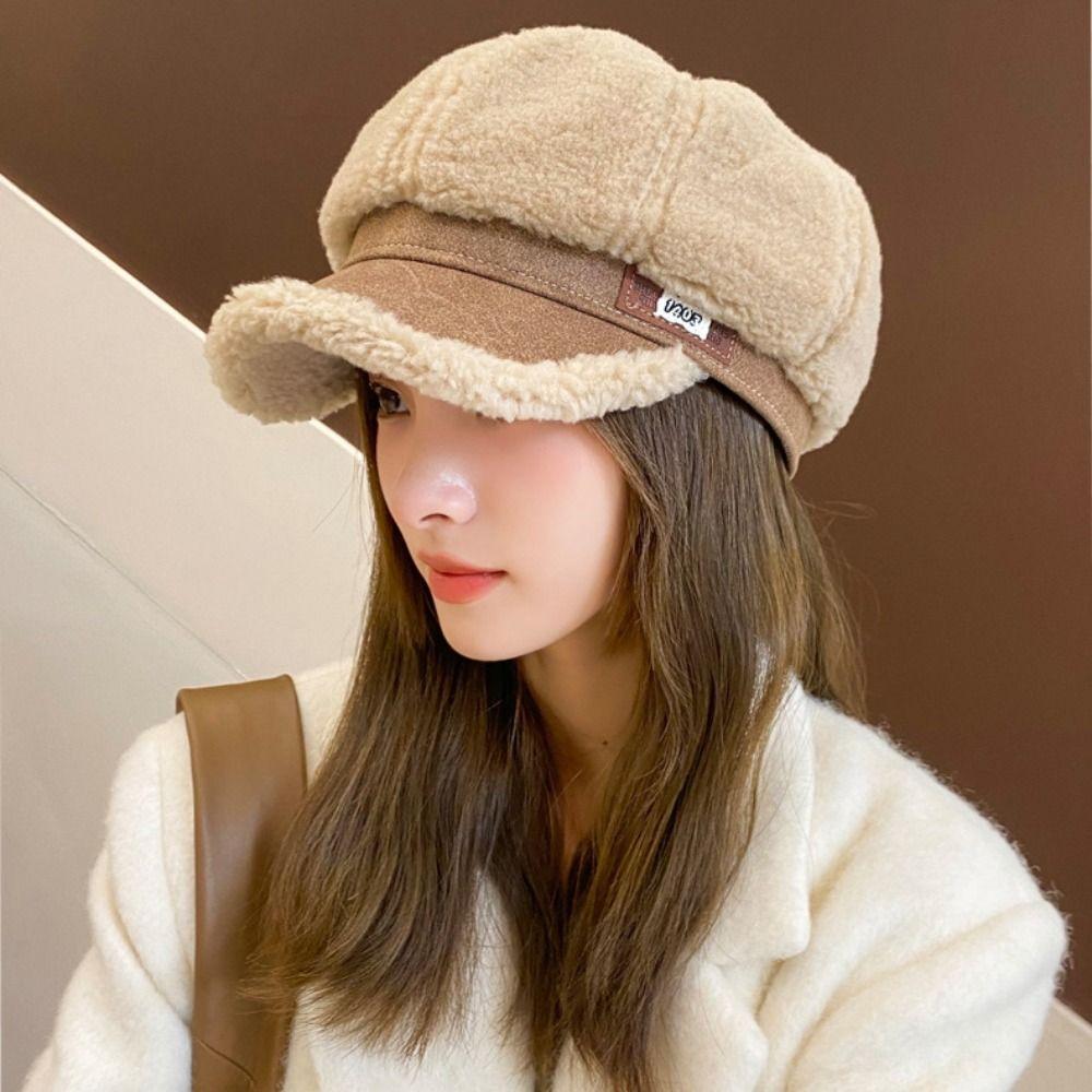 White Black Coffee Beige Duck Tongue Hat Imitation Lamb Hair Fedora Wool Caps Warm Hats  Women