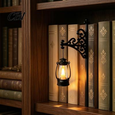 Bookshelf Decor for Bedroom Library Lantern Mini Lamp, Vintage Hanging Light with Warm Glow, Decorative Book Supports Shelves Home Study And