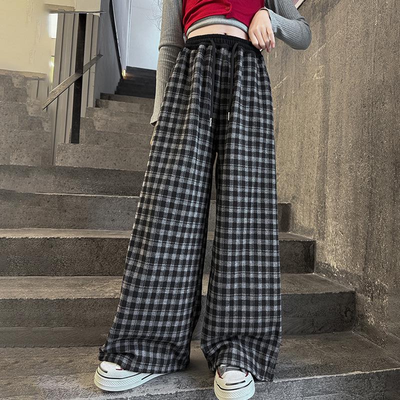 Girls' Plaid Wide-Leg Pants 2025: New Children's Loose Spring & Autumn Casual Straight-Leg Trousers for Big Kids
