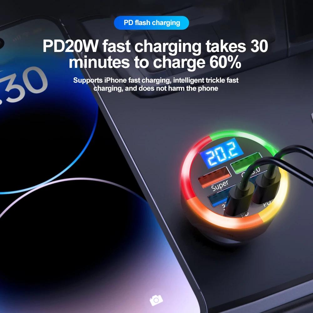 QC 3.0 6 Ports 12-24V PD Car Charger USB Super Fasting Chargeing with LED Digital Display Adapter For Universal Type-C Charger