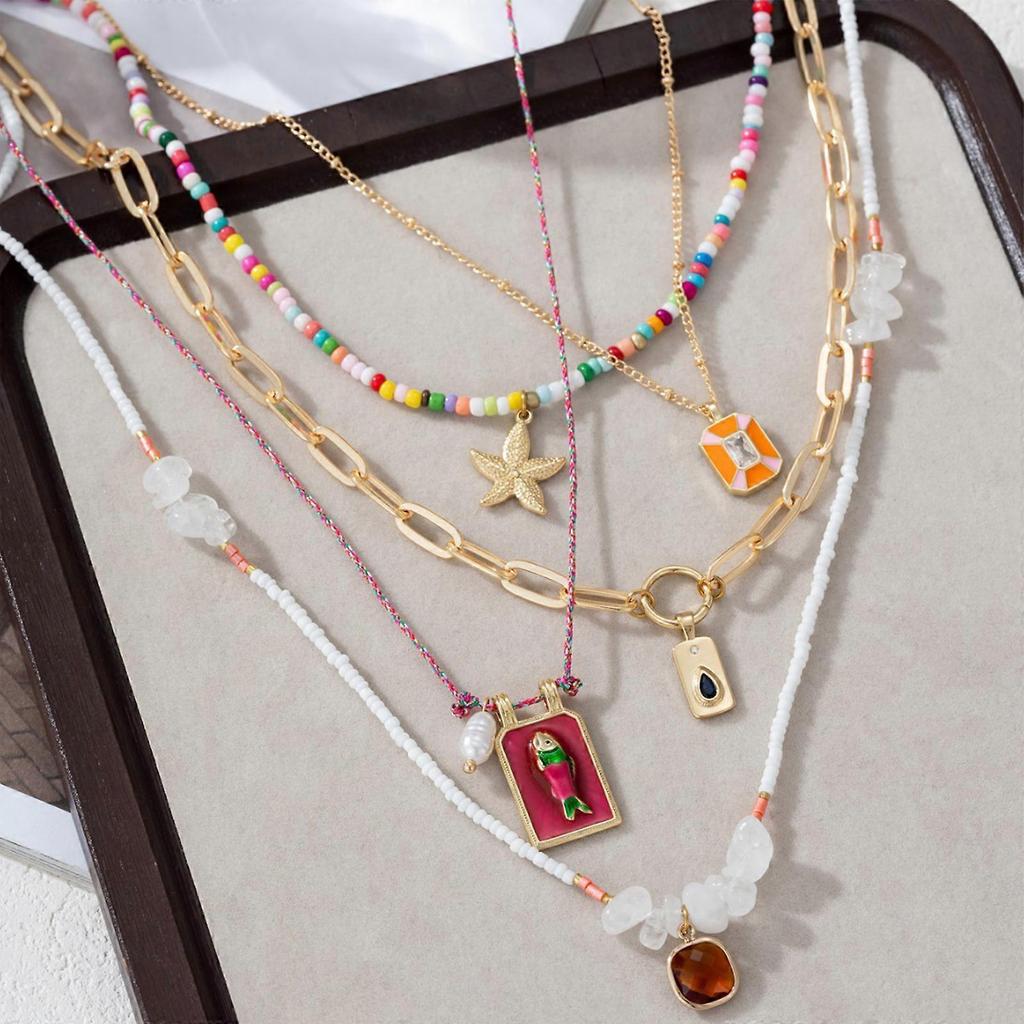 5PCS Multicolor Beach Themed Beaded Necklaces for Women Handwoven Clavicle Chains Vocation Holiday Accessories Multicolor