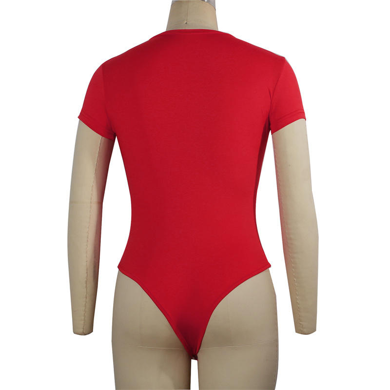Women’s Short Sleeve O Neck Bodysuit Tight Fitting Solid Color Sexy Open Design Casual Outfit Matching Skinny One-Piece Body Top