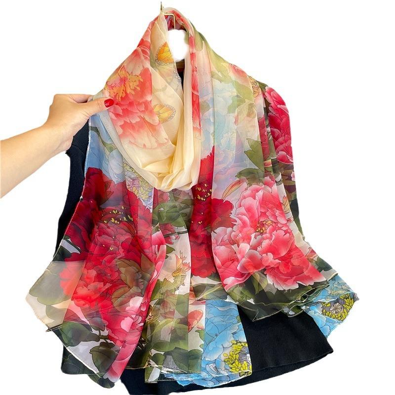 Peony Flower Yourou Yarn Women's Large Size Pattern Scarf Silk Scarf Commuter Sunscreen Light Luxury Simulation Silk Shawl