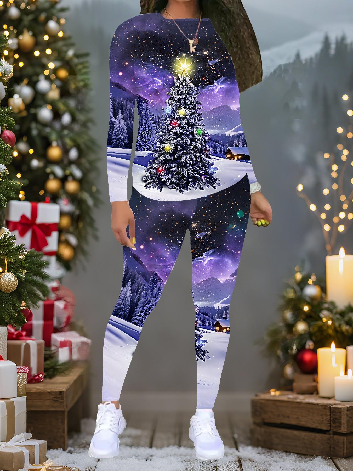 

Женский рождественский костюм-двойка с принтом: Топ с длинным рукавом и круглым вырезом и брюки, праздничный лимитированный повседневный костюм для вечеринки в подарок XXL фиолетовый