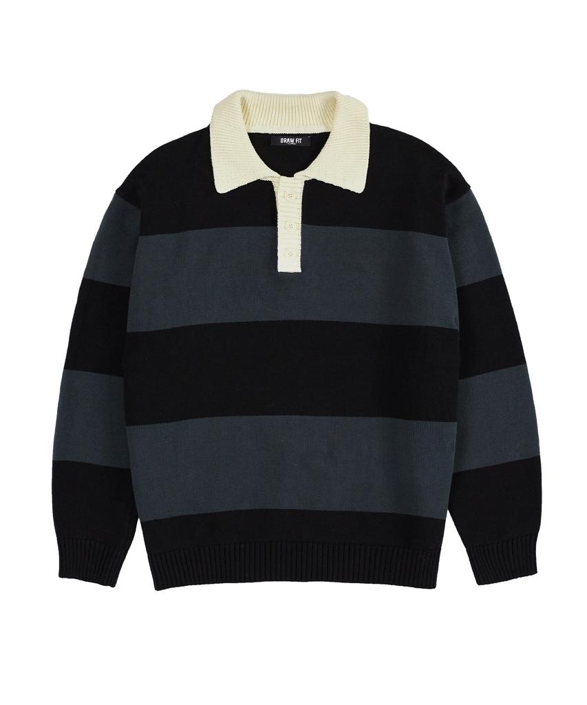 DRAW FIT Striped Cotton Collared Knit [Black]
