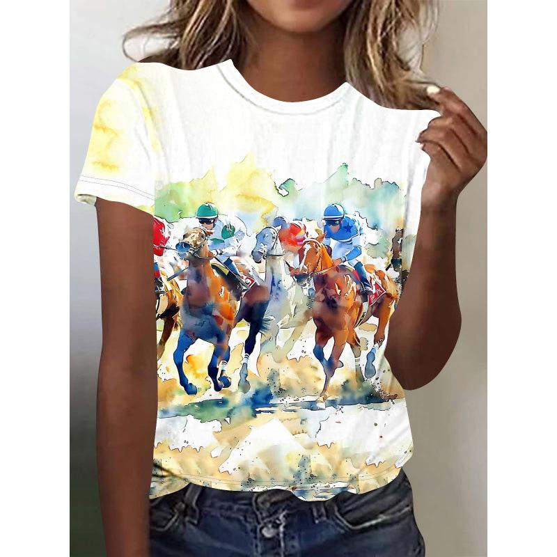 Summer Comfortable Soft Short Sleeved T-shirt Colorful Horse Riding Pattern Print Fashionable Relaxed Women's T-shirt
