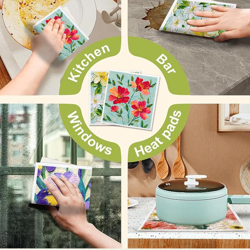 6PCS Patterned Swedish Dishcloths Biodegradable Eco-Friendly Dish Towels Reusable Absorbent Kitchen Washable Cleaning Cloths